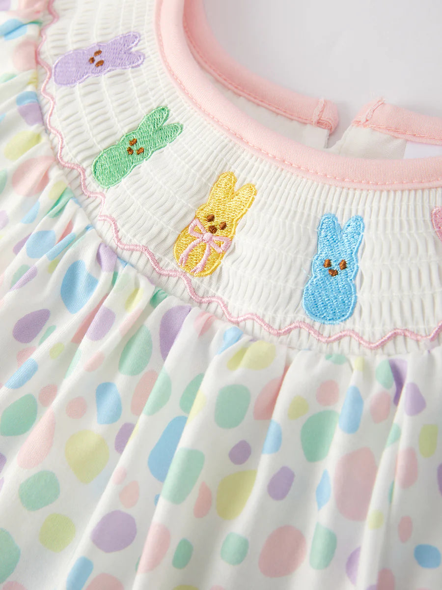 Kids Easter Smocking Embroidery Colorful Polka Dot Dress