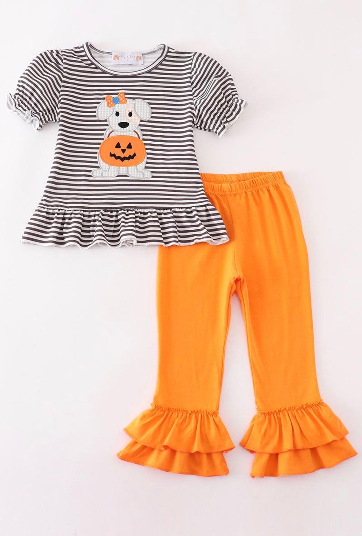 Girl Halloween Pumpkin Puppy Stripe Set