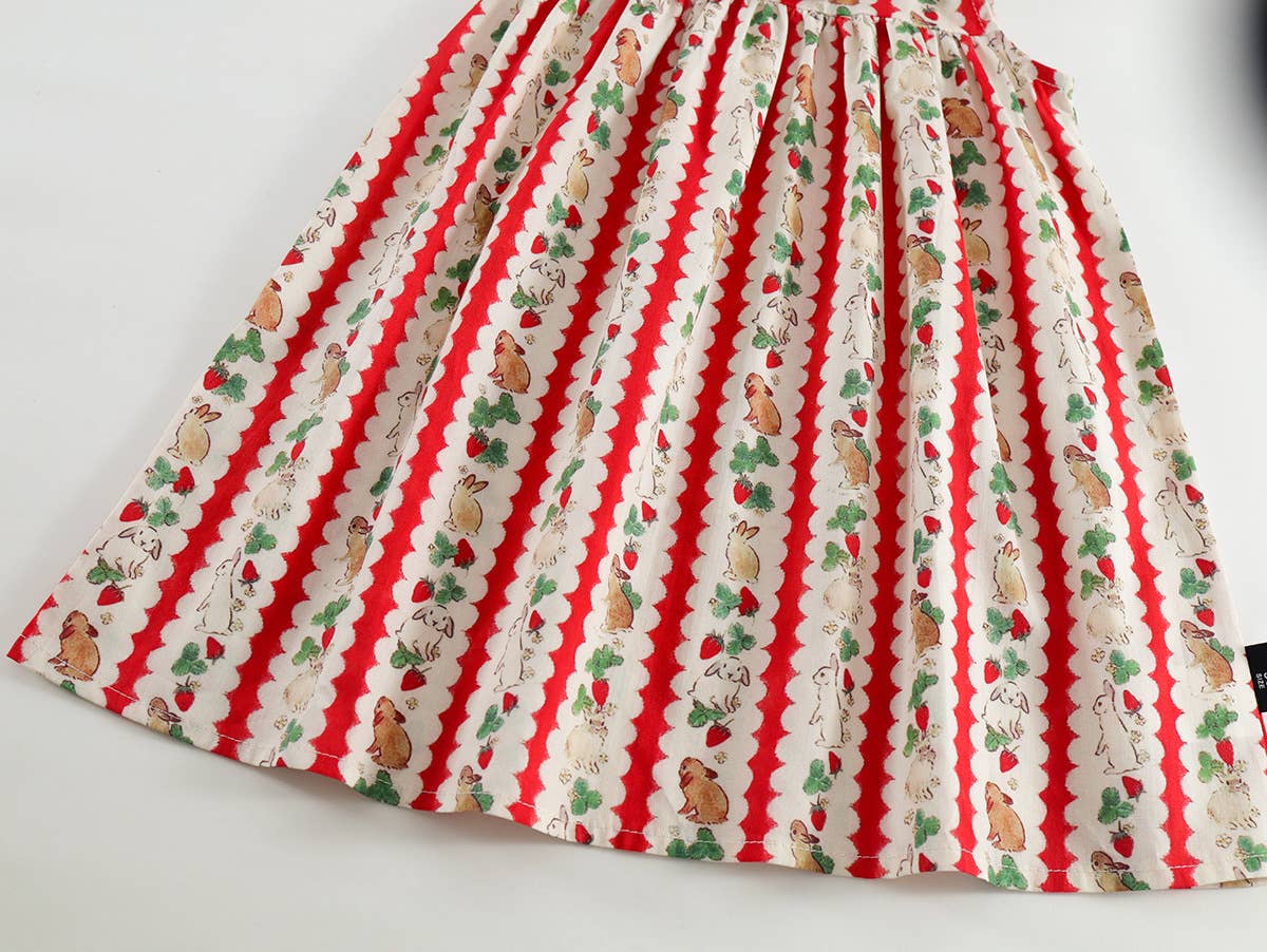 Girls Summer Rabbit Strawberry Striped Big Collar Dress