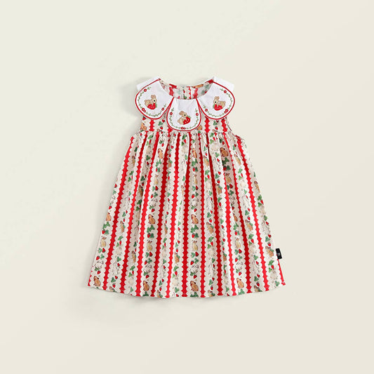 Girls Summer Rabbit Strawberry Striped Big Collar Dress
