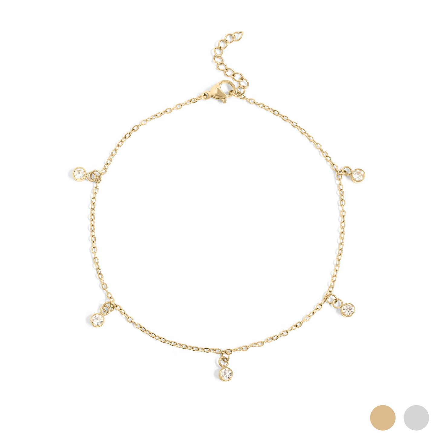 18K Gold PVD Stainless Steel Clear Stone Charm Anklet