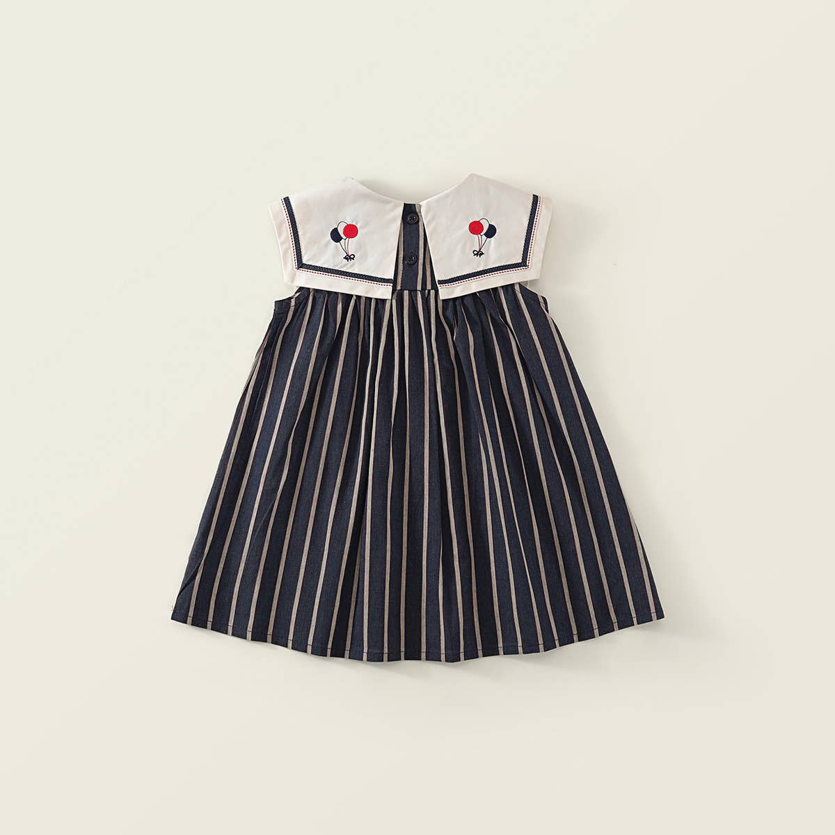 Girls Embroidered Peter Pan Collar Sleeveless Striped Dress