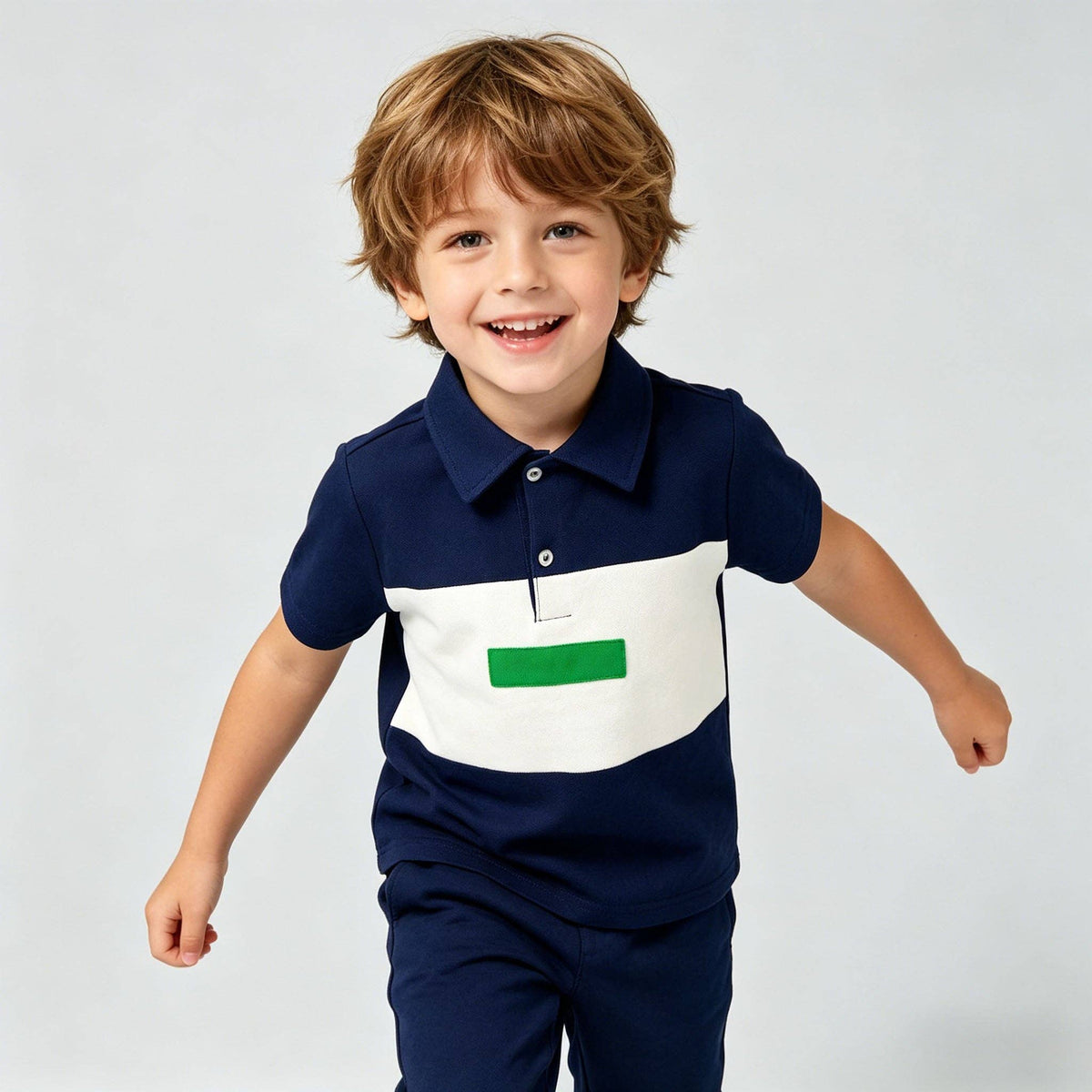 Boys Navy & Green Color Block Pique Polo Shirt