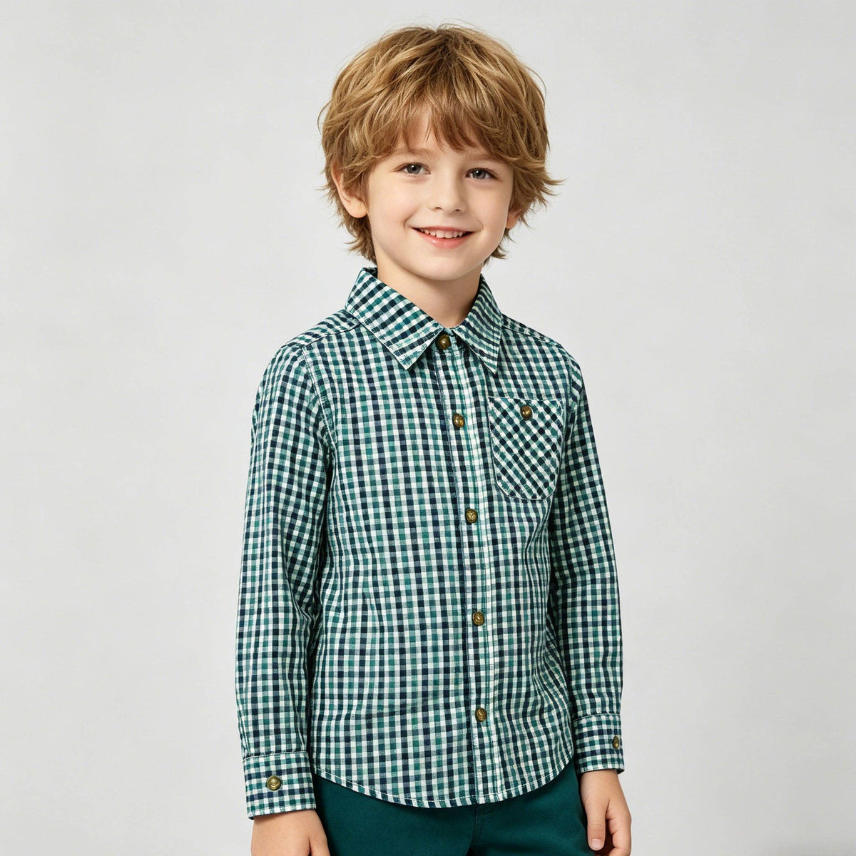 Boys Green & Navy Plaid Long Sleeve Button-Down Shirt