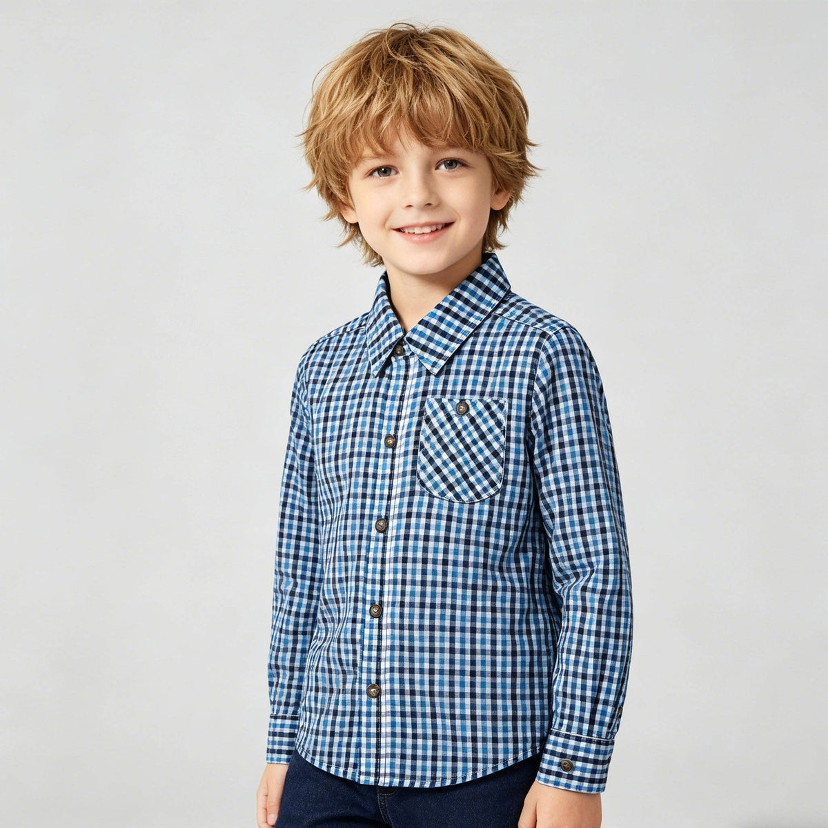 Boys Blue & White Gingham Long Sleeve Button-Down Shirt