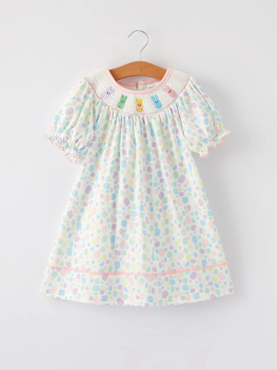 Kids Easter Smocking Embroidery Colorful Polka Dot Dress