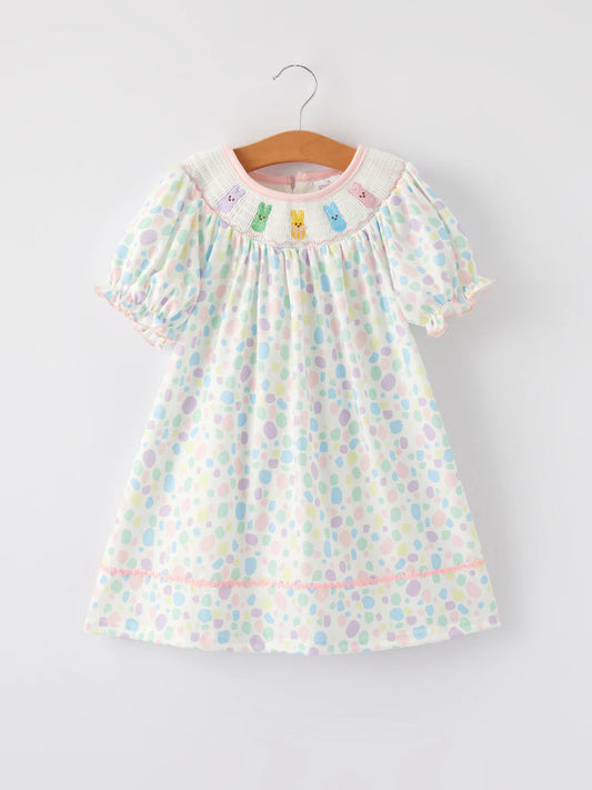 Kids Easter Smocking Embroidery Colorful Polka Dot Dress