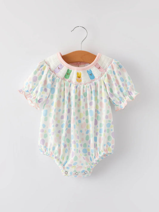 Kids Easter Smocking Embroidery Colorful Polka Dot Romper