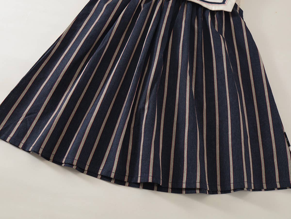 Girls Embroidered Peter Pan Collar Sleeveless Striped Dress