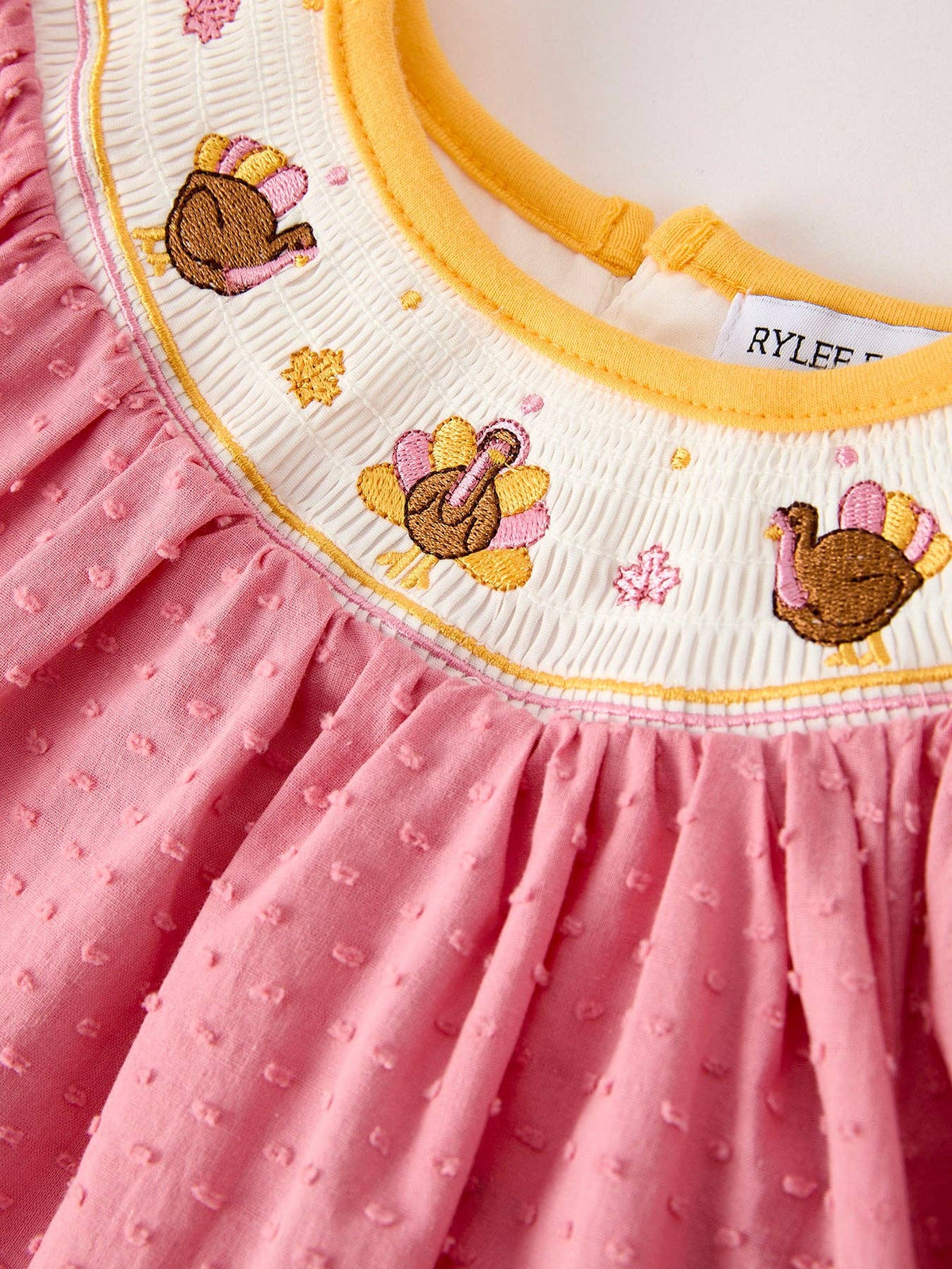 Girl Turkey Leaf Embroidery Smocking Bow Dress