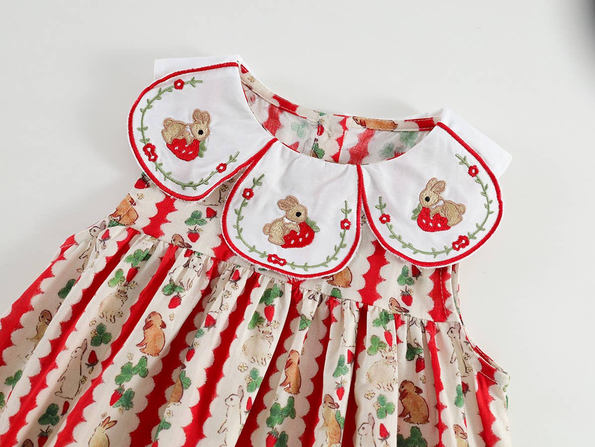 Girls Summer Rabbit Strawberry Striped Big Collar Dress
