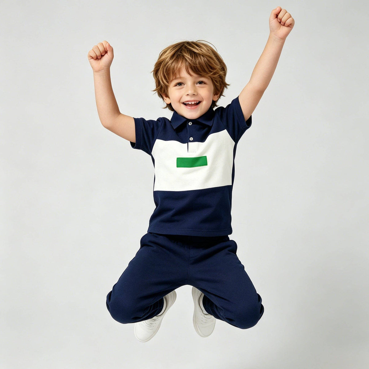 Boys Navy & Green Color Block Pique Polo Shirt