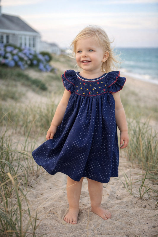 Girl Smocked Navy Dot Dress
