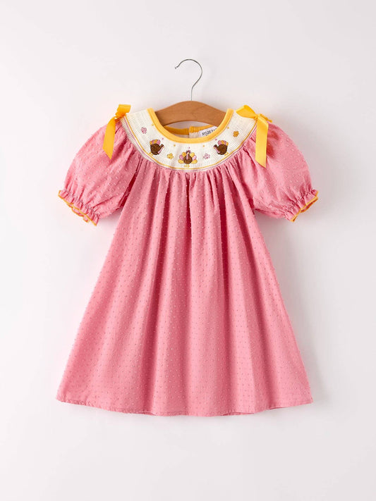 Girl Turkey Leaf Embroidery Smocking Bow Dress
