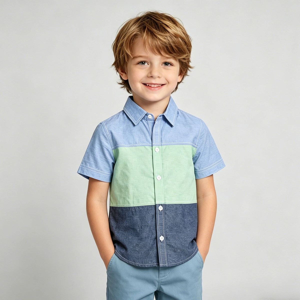 Boys Chambray Color-Block Button-Down Shirt