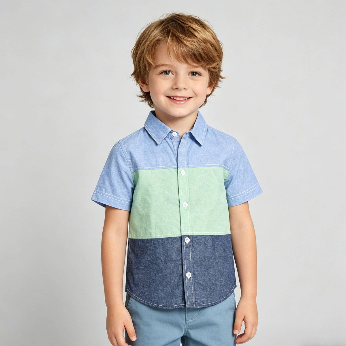Boys Chambray Color-Block Button-Down Shirt