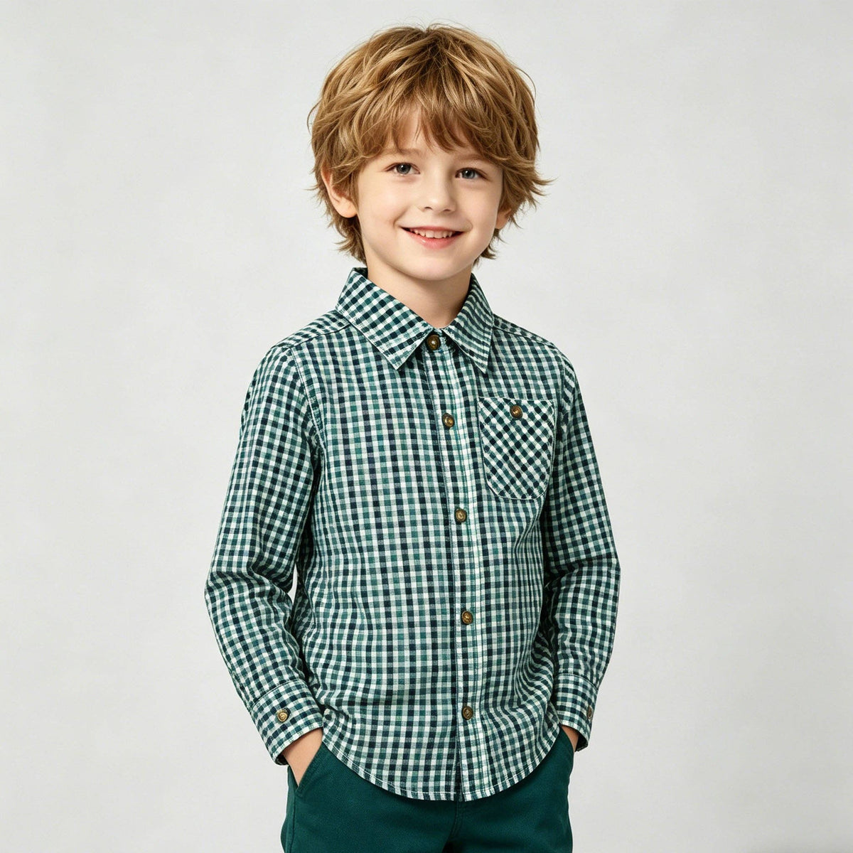 Boys Green & Navy Plaid Long Sleeve Button-Down Shirt