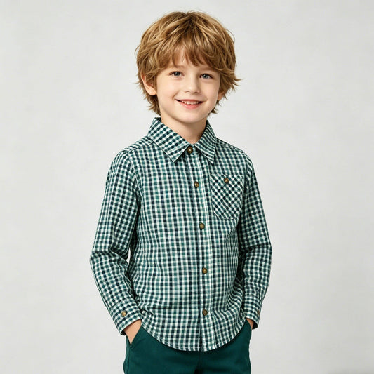 Boys Green & Navy Plaid Long Sleeve Button-Down Shirt