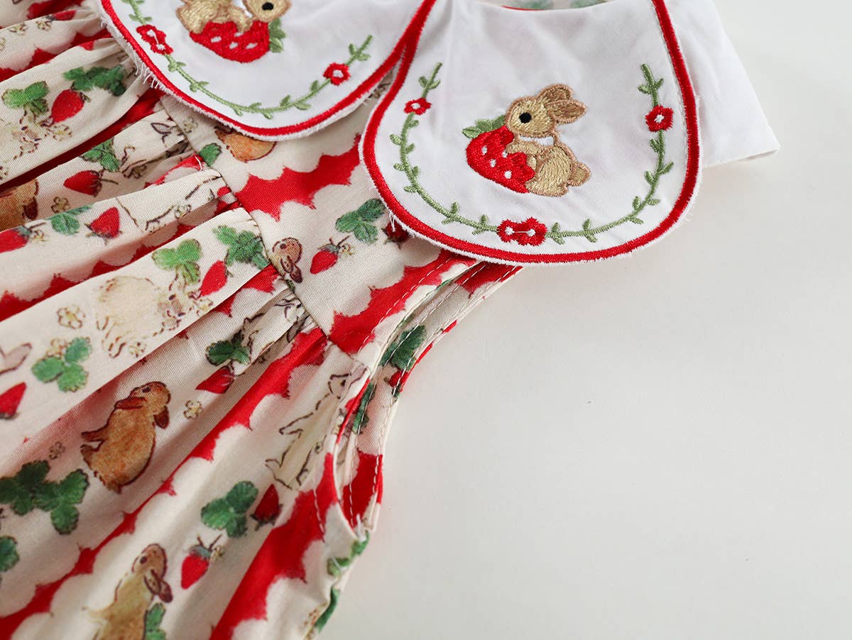 Girls Summer Rabbit Strawberry Striped Big Collar Dress