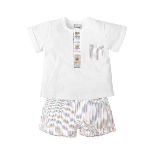 Boys White Shirt & Multicolor Stripe Shorts Set
