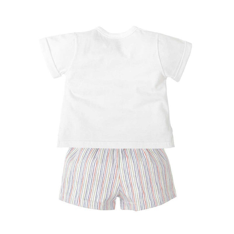 Boys White Shirt & Multicolor Stripe Shorts Set