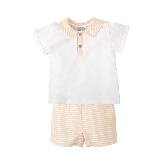 Boys Cream Polo & Striped Shorts Set