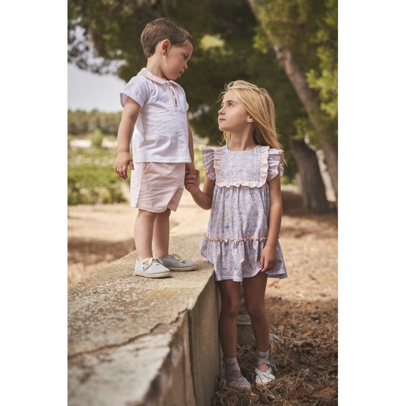 Boys Cream Polo & Striped Shorts Set