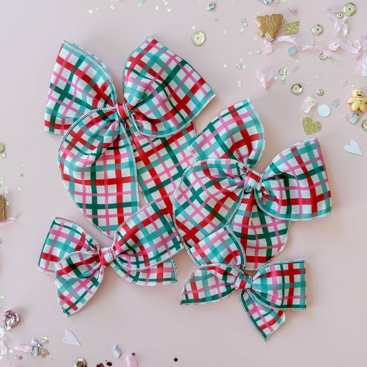 Girl Pink and Mint Plaid Bow