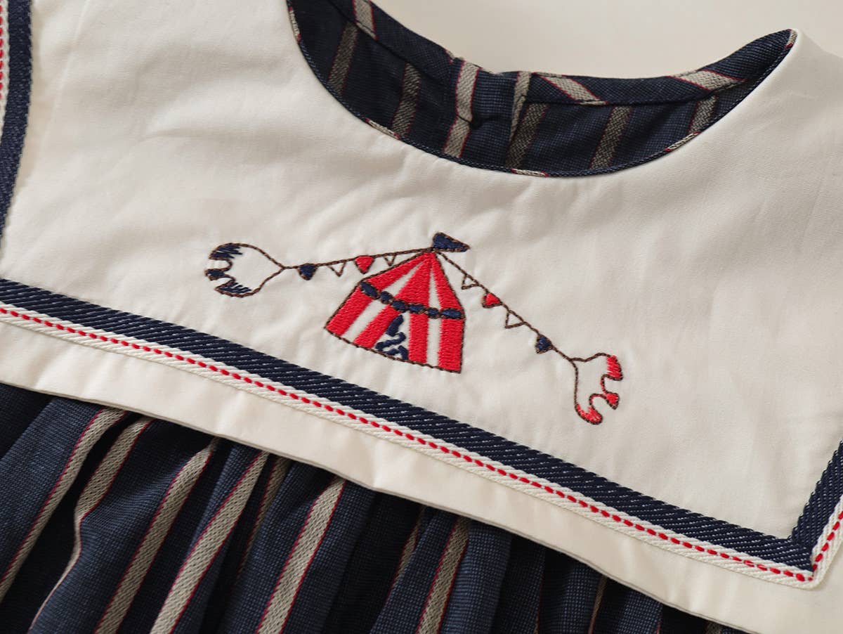 Girls Embroidered Peter Pan Collar Sleeveless Striped Dress