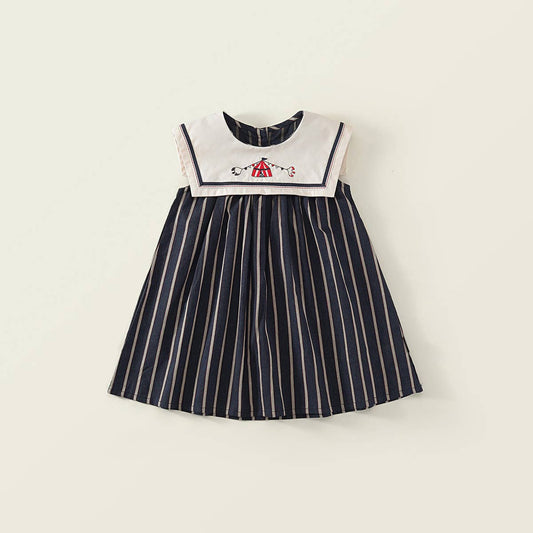 Girls Embroidered Peter Pan Collar Sleeveless Striped Dress