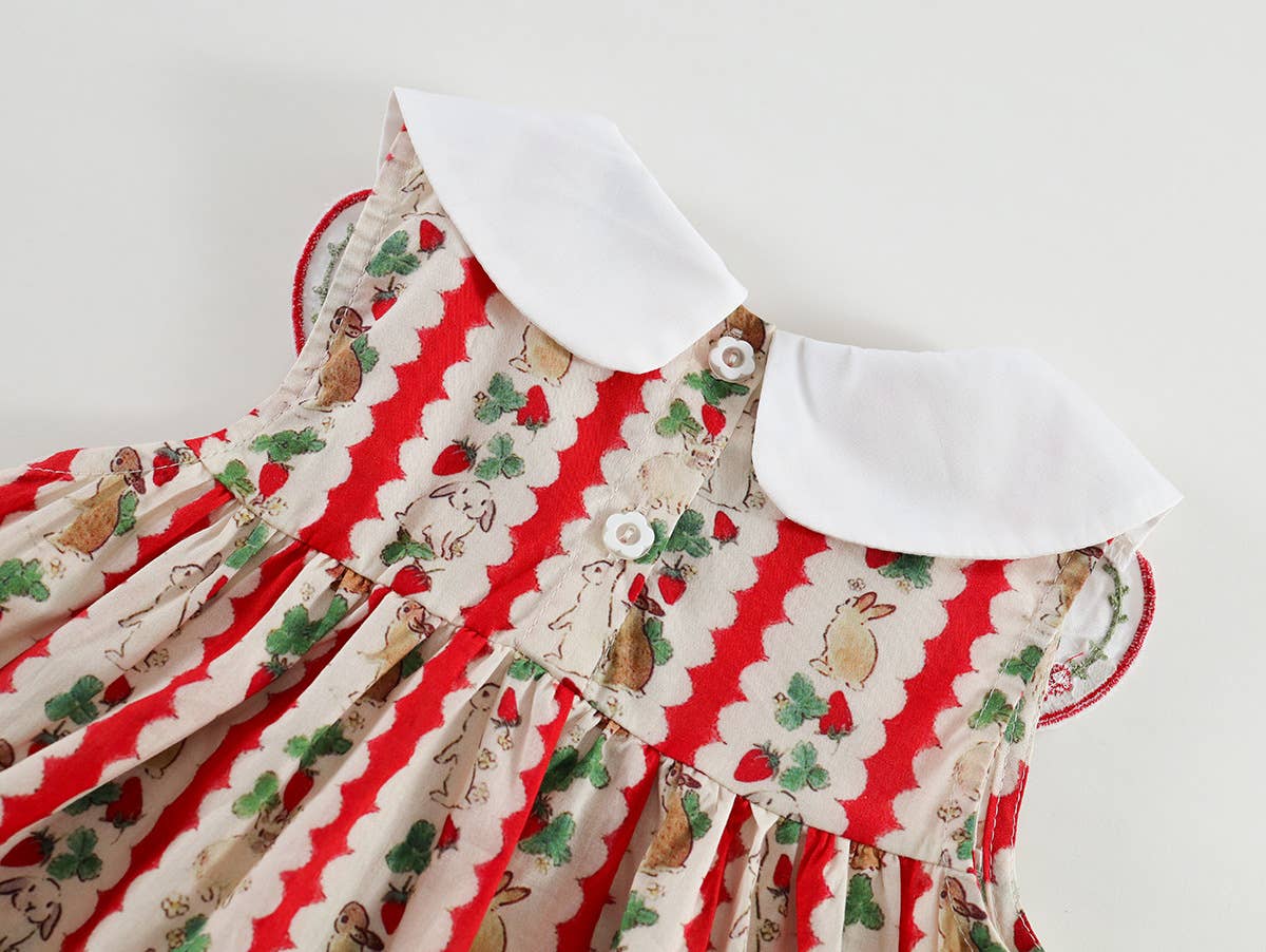 Girls Summer Rabbit Strawberry Striped Big Collar Dress