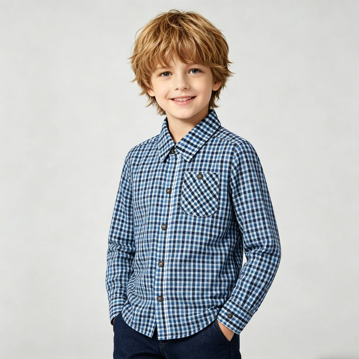 Boys Blue & White Gingham Long Sleeve Button-Down Shirt