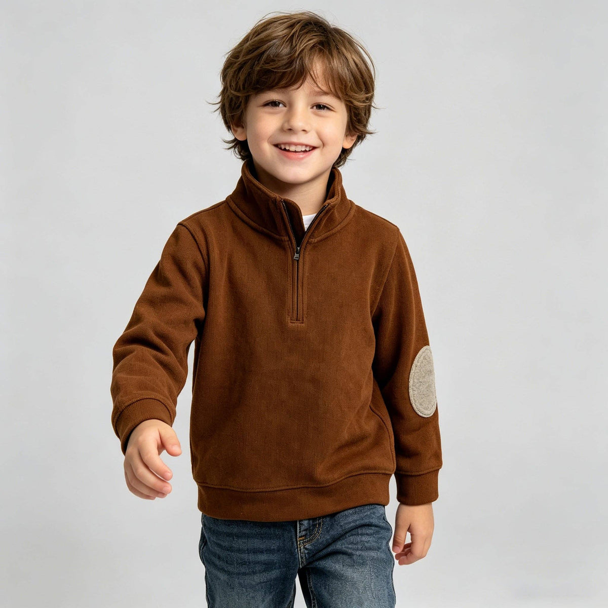Boys Brown Elbow Patch Half-Zip Sweatshirt