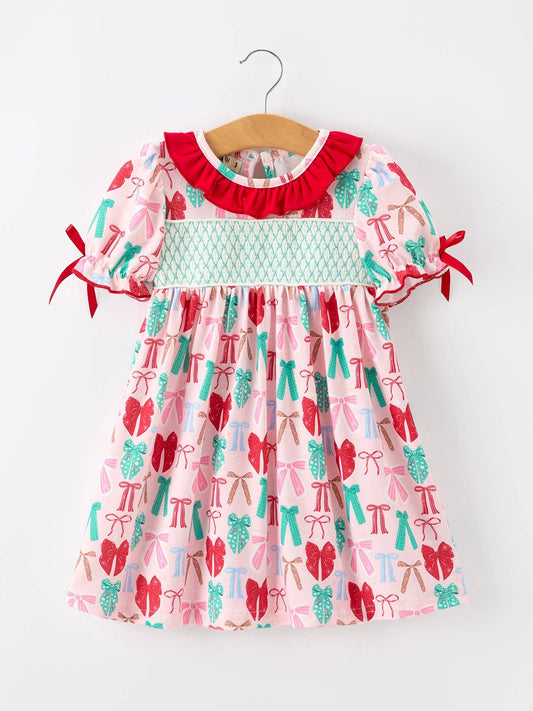 Girl Christmas Red Green Bow Dress