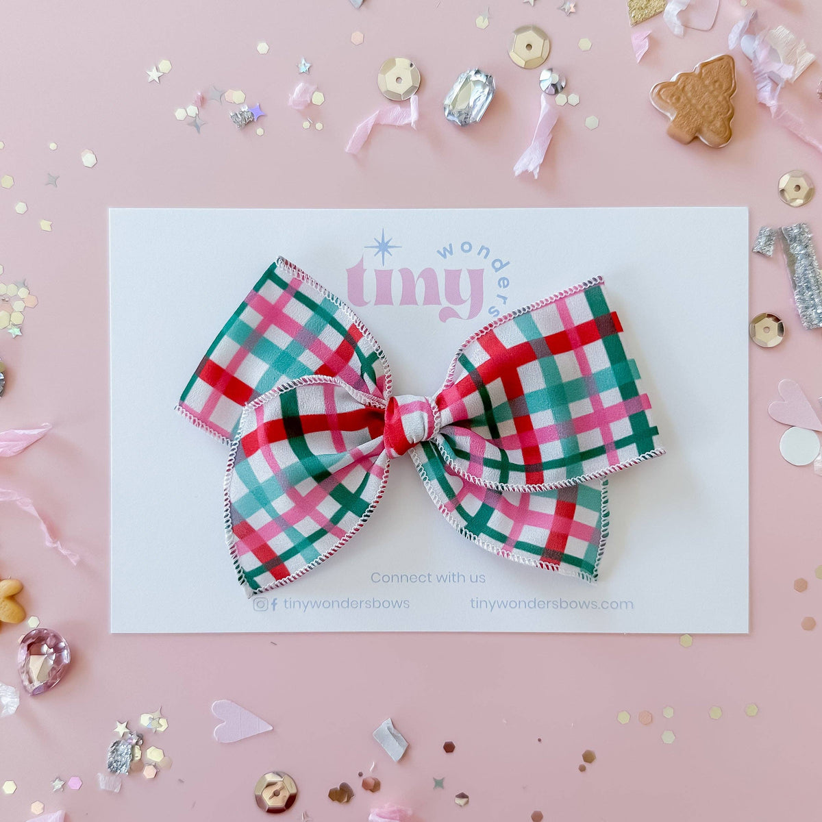 Girl Pink and Mint Plaid Bow